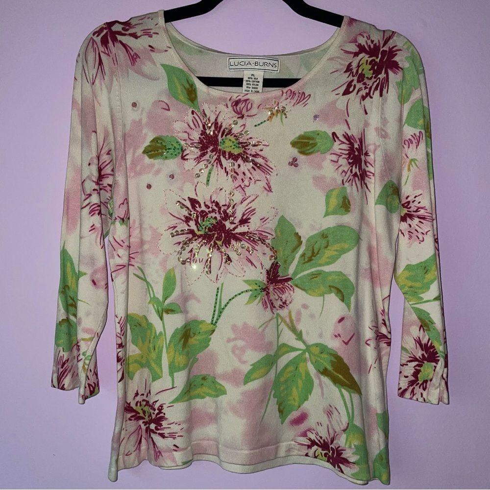 Lucia Burns MP Blouse Silk Blend Knit Beaded Floral 3/4 Sleeve